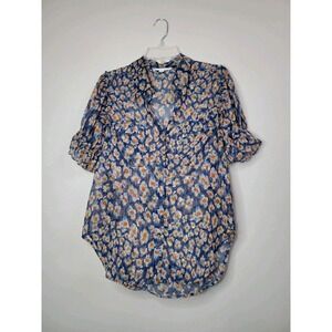 Lovestitch Shirt Women's Small Navy Multi Floral Button Up Ruffle Sleeve Shimmer